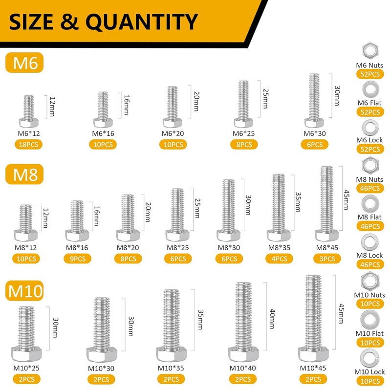 ZTF 432pcs Nuts and Bolts Assortment Kit,M6 M8 M10 Heavy Duty Bolts and Nuts Kit, M6x1.0 M8x1.25 M10x1.25 (12mm to 45mm) Hex Bolts and Nuts Kit, Fully Threaded Machine Screw Sets - Image 2
